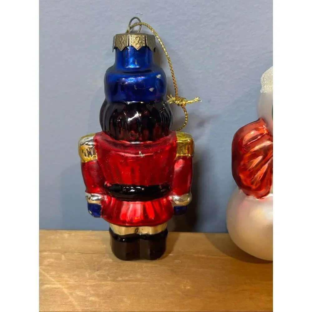 Vintage blown glass Christmas tree ornaments snowman and Nutcracker soldier bund